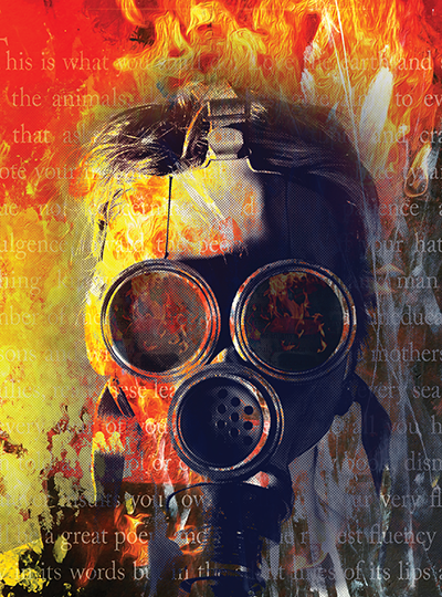 Banner image for Fahrenheit 451 featuring a gas mask in front of a textured background