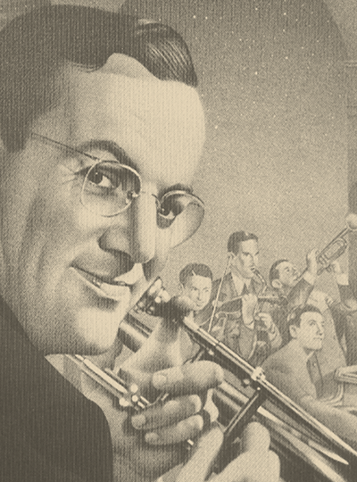 Illustration of Glenn Miller in front of other band members of the Glenn Miller Orchestra
