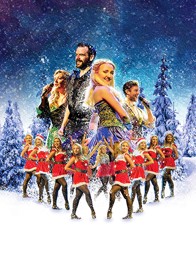 Poster image of Irish dancers set in front of a winter scene with snow and snow-covered trees in the backgroun
